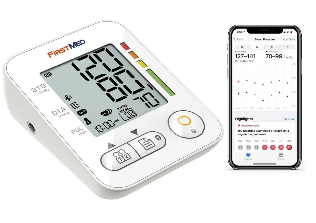 Blood pressure monitor with digital display and smartphone app on a white background