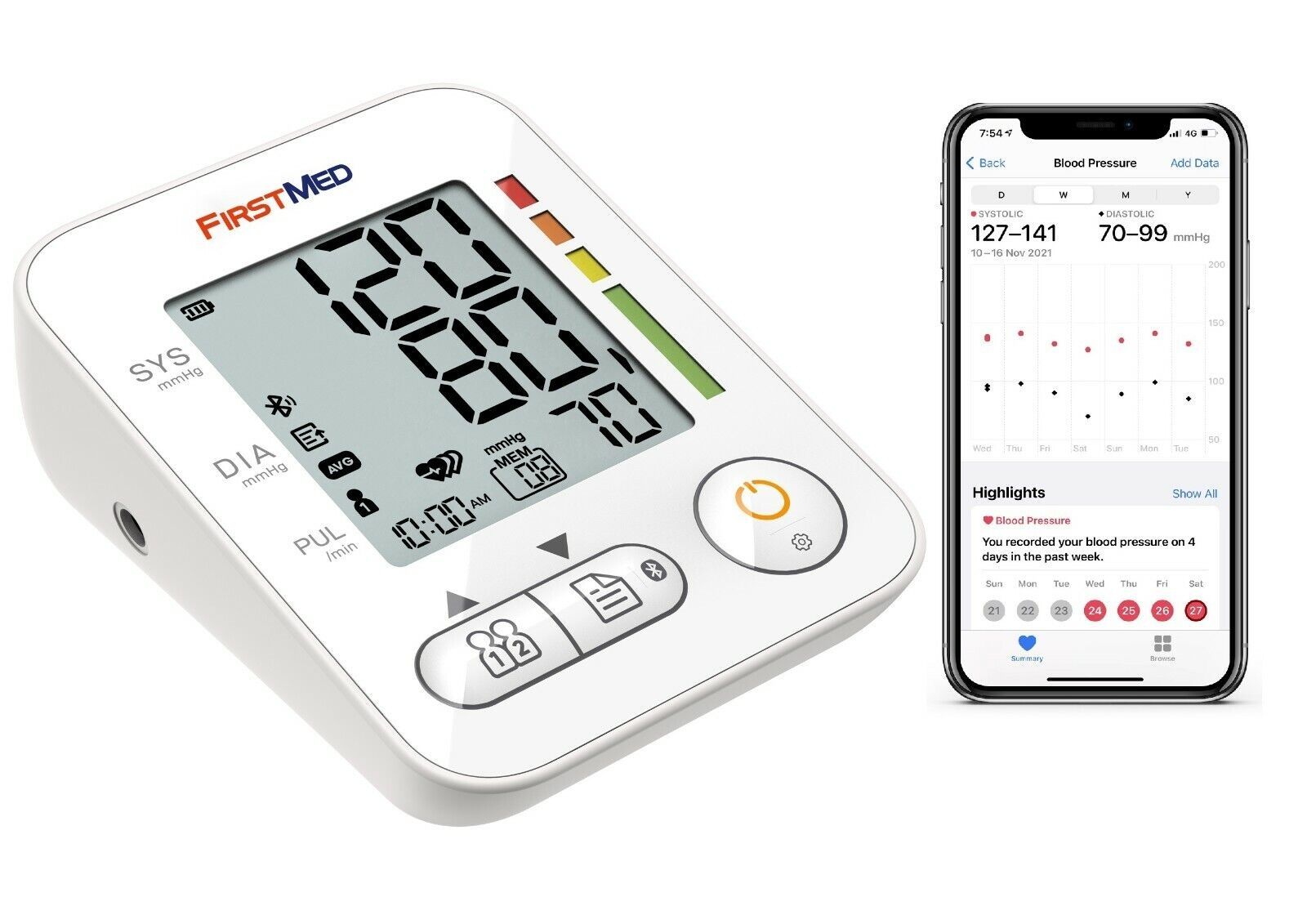 Blood pressure monitor with digital display and smartphone app on a white background