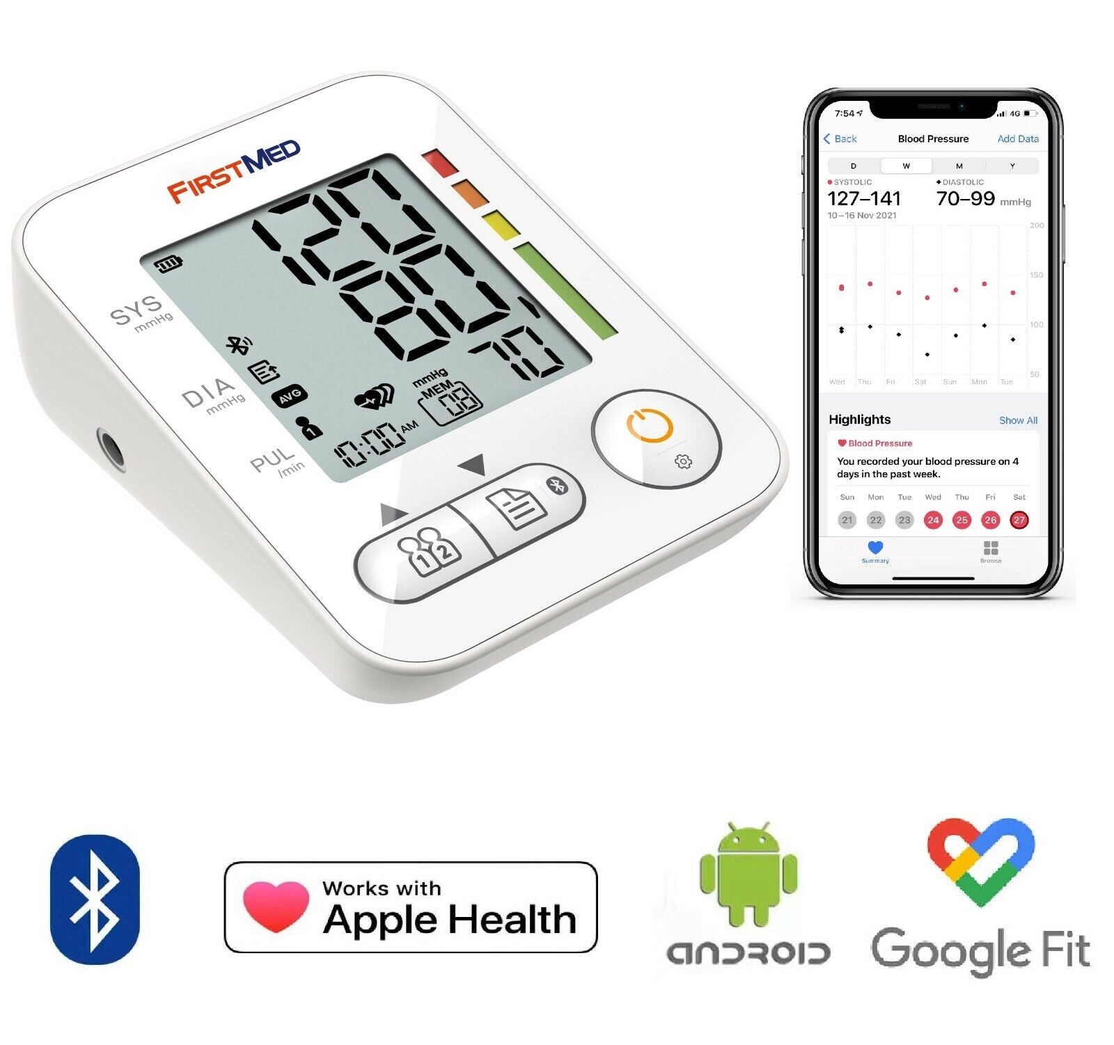Blood pressure monitor with smartphone app display and compatibility logos on a white background