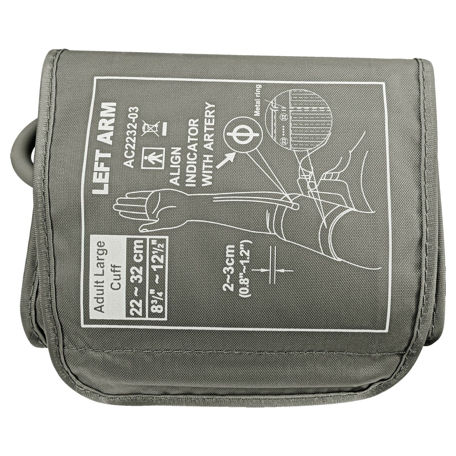 Gray blood pressure cuff with measurement diagram on a white background