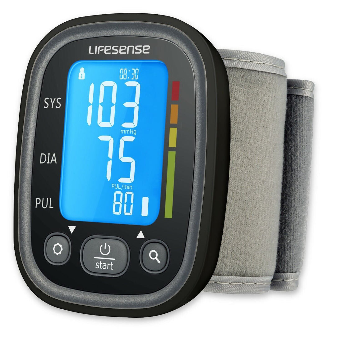 Lifesense blood pressure monitor with digital display on a white background