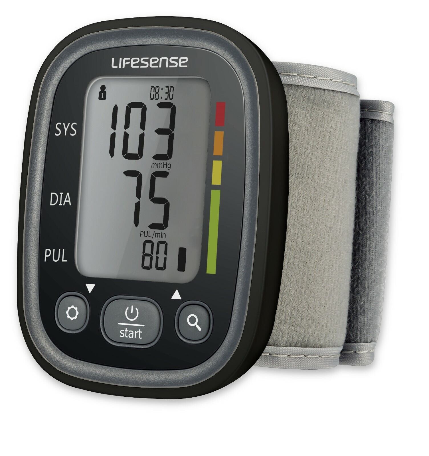 Lifesense blood pressure monitor with digital display on a white background