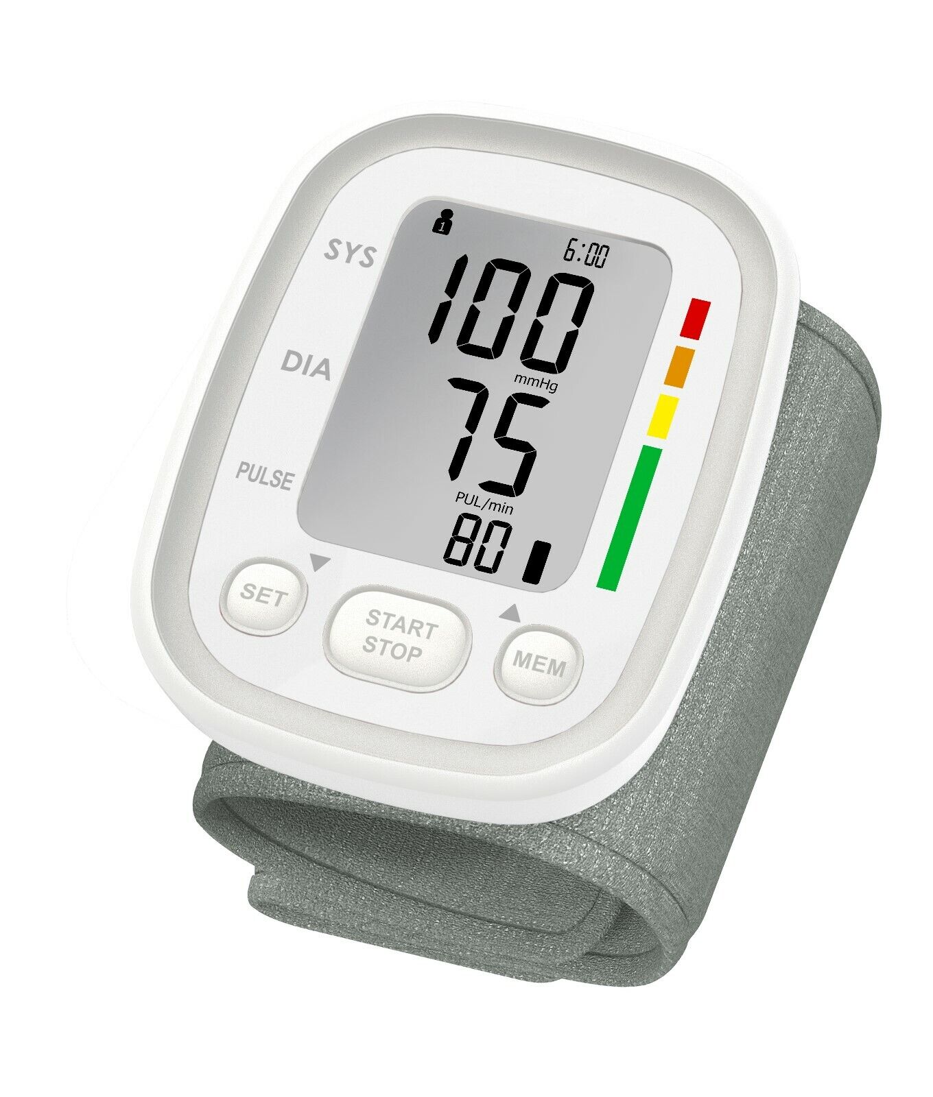 Digital blood pressure monitor with a gray arm cuff on a white background
