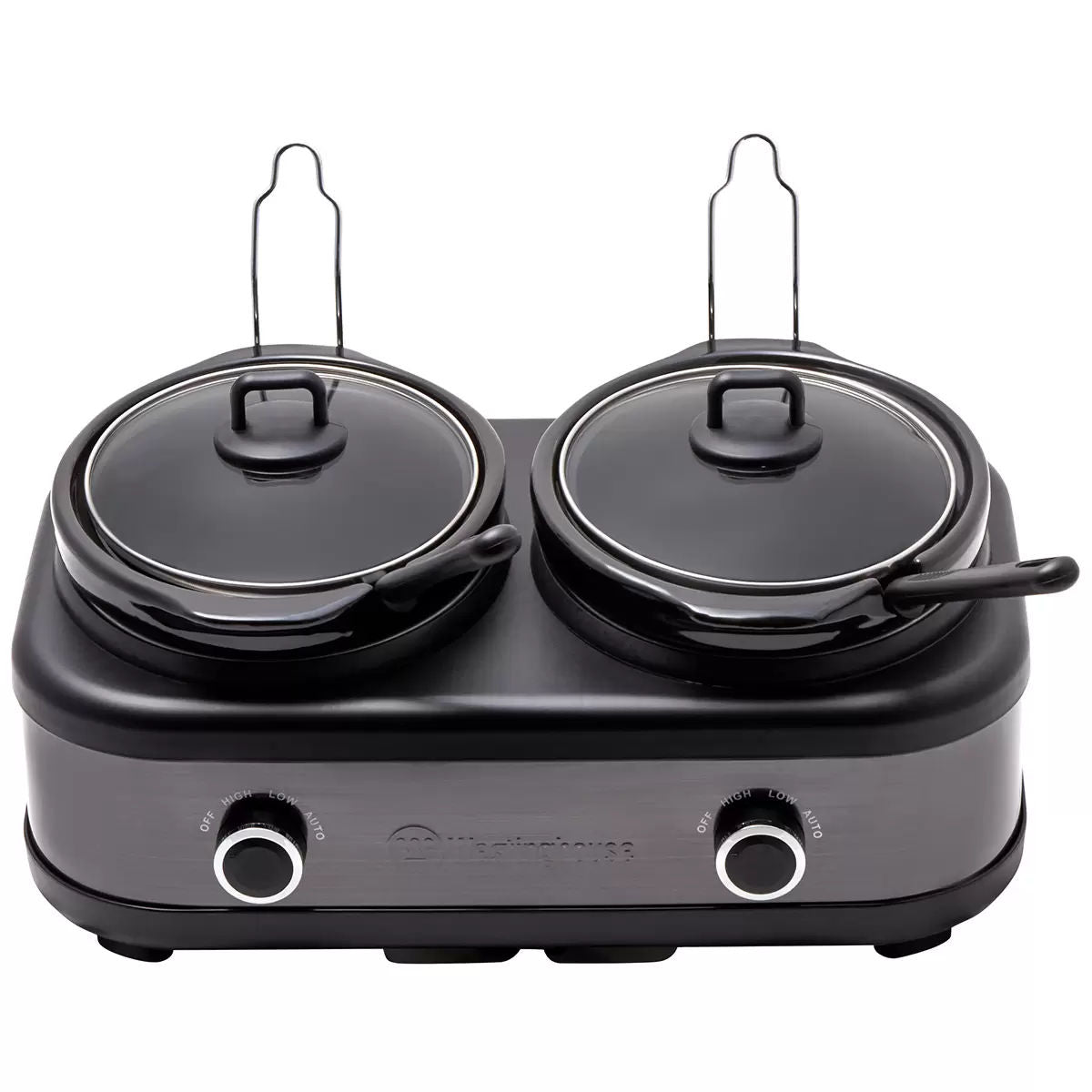 Double hot plate with two pots on a white background