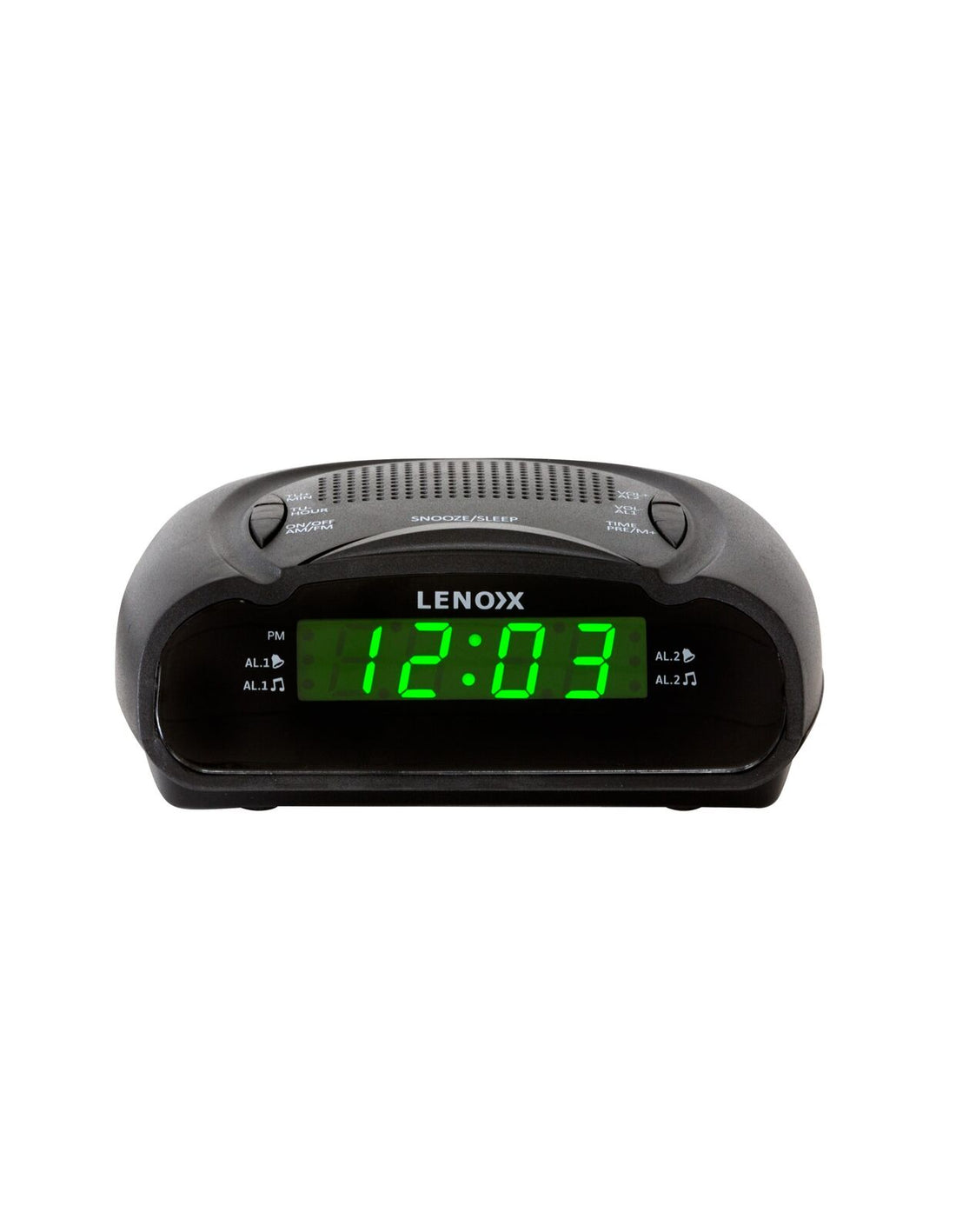 Lenox digital alarm clock with green display on a white background