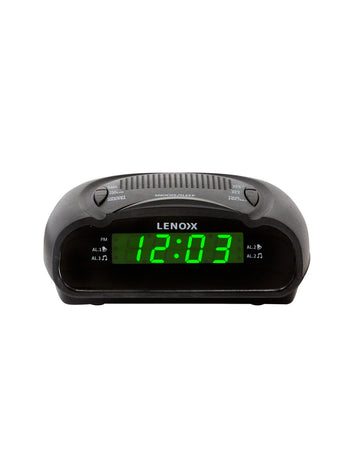 Lenox digital alarm clock with green display on a white background