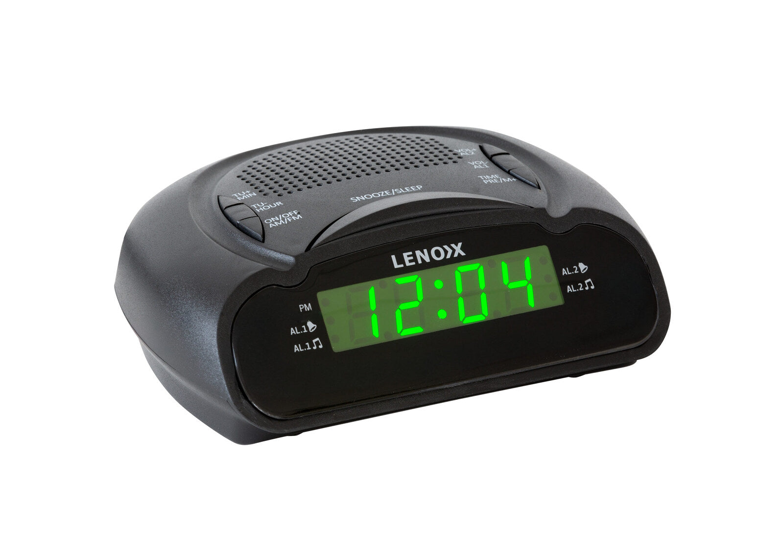 Lenox digital alarm clock with green display on a white background