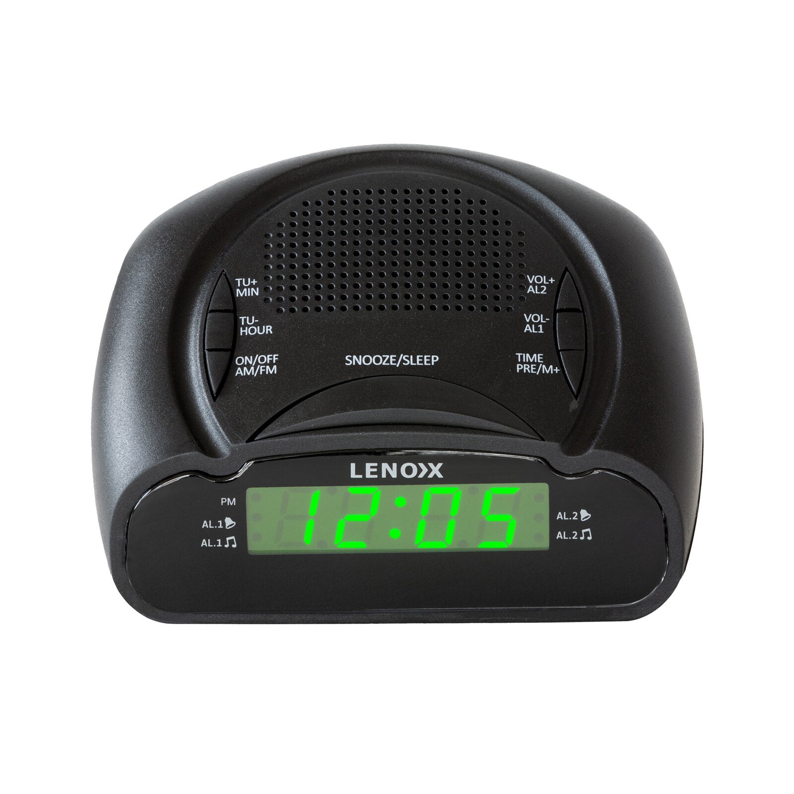 Black Lenox alarm clock with digital display on a white background