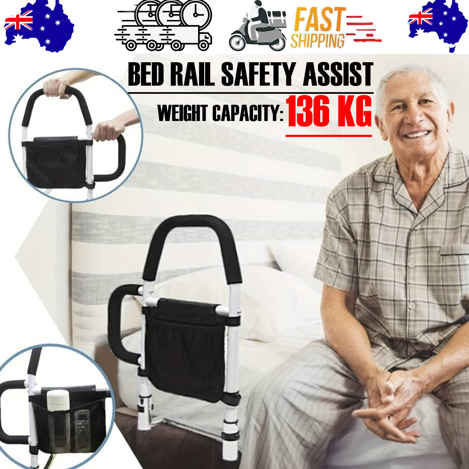 Bed rail safety assist with weight capacity display and man sitting on bed