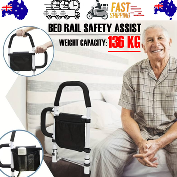 Bed rail safety assist with weight capacity display and man sitting on bed