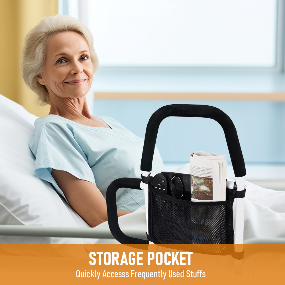Woman in a hospital bed with a storage pocket cart.