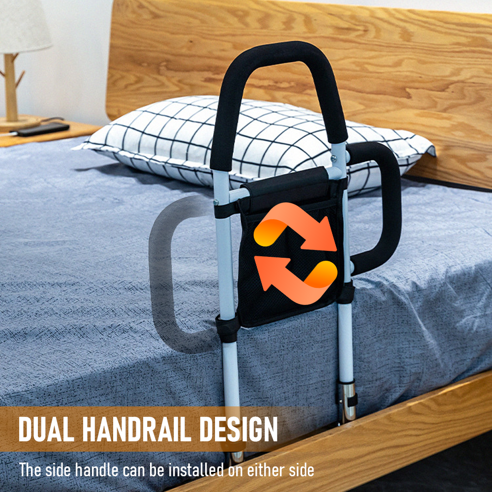 Bedside safety rail with dual handrail design on a bed in a bedroom setting.