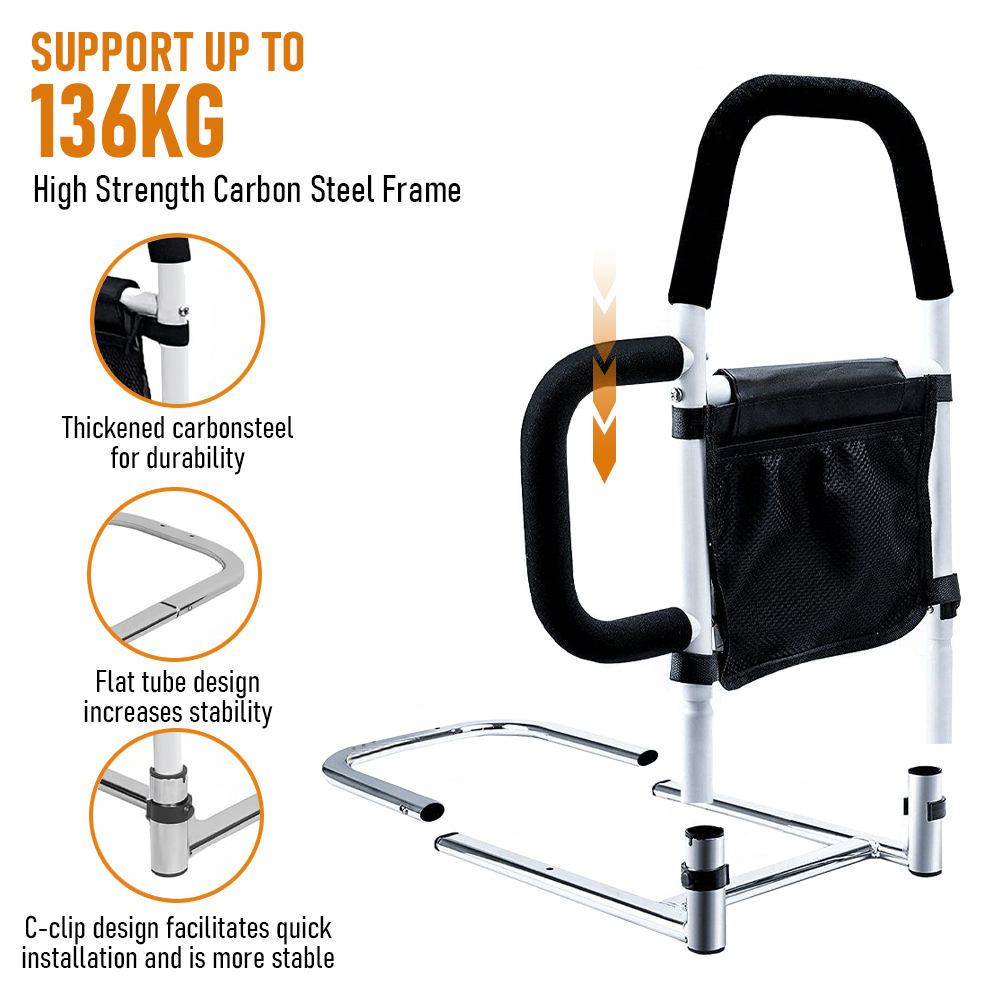 Walker with carbon steel frame features and durability text on a white background