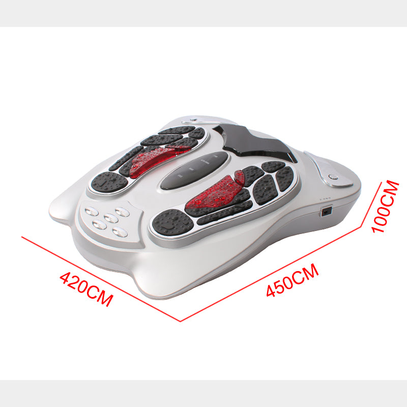 White foot massager with red and black components on a white background, showing dimensions.