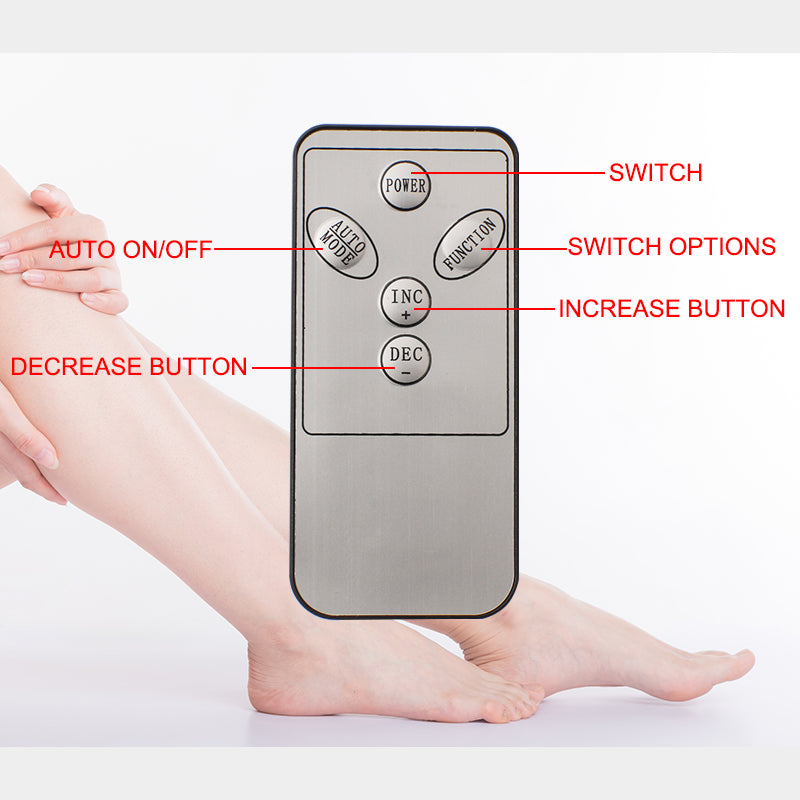 Remote control with labeled buttons next to a person's leg on a white background