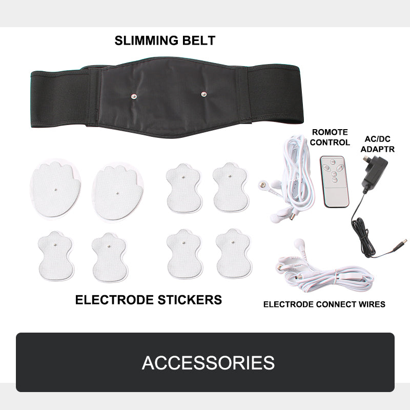 Slimming belt with accessories including electrode stickers, connect wires, remote control, and adapter on a white background.