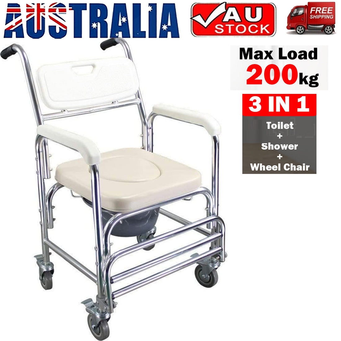 3-in-1 bathroom chair with wheels, toilet, and shower functions on a white background.