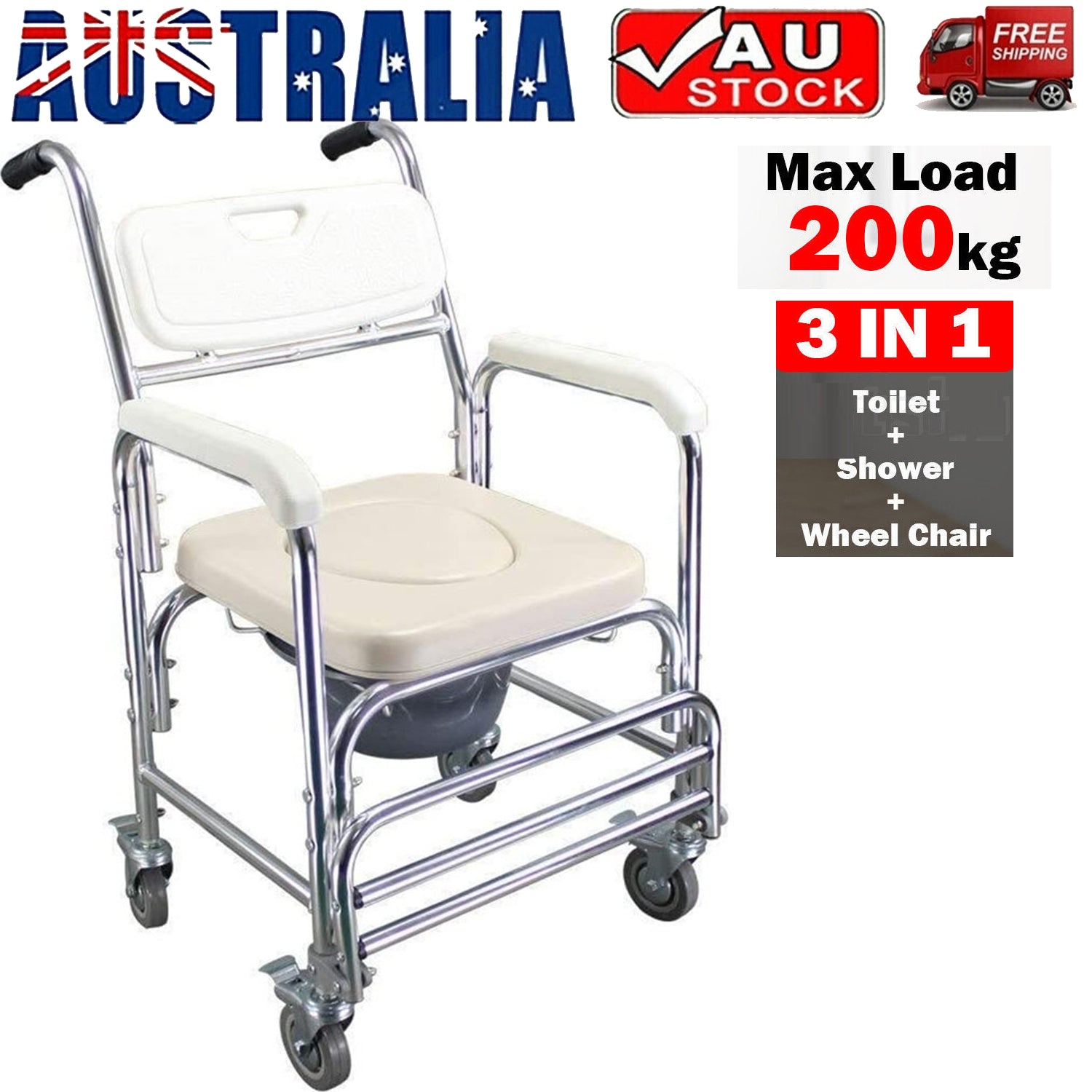 3-in-1 bathroom chair with wheels, toilet, and shower functions on a white background.