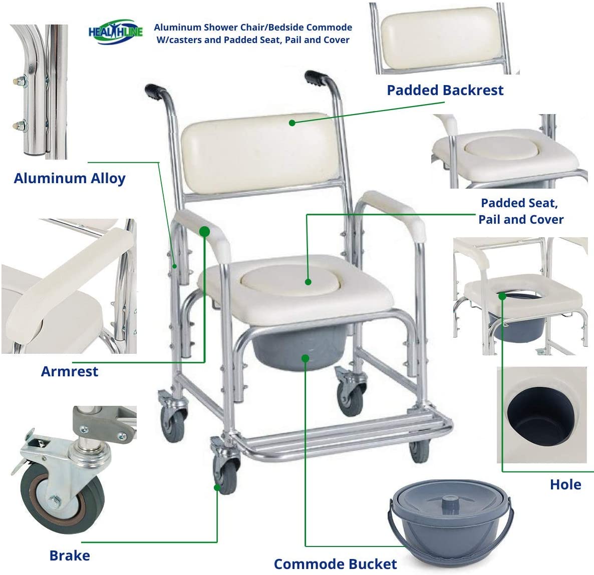Aluminum shower chair with commode features labeled on a white background