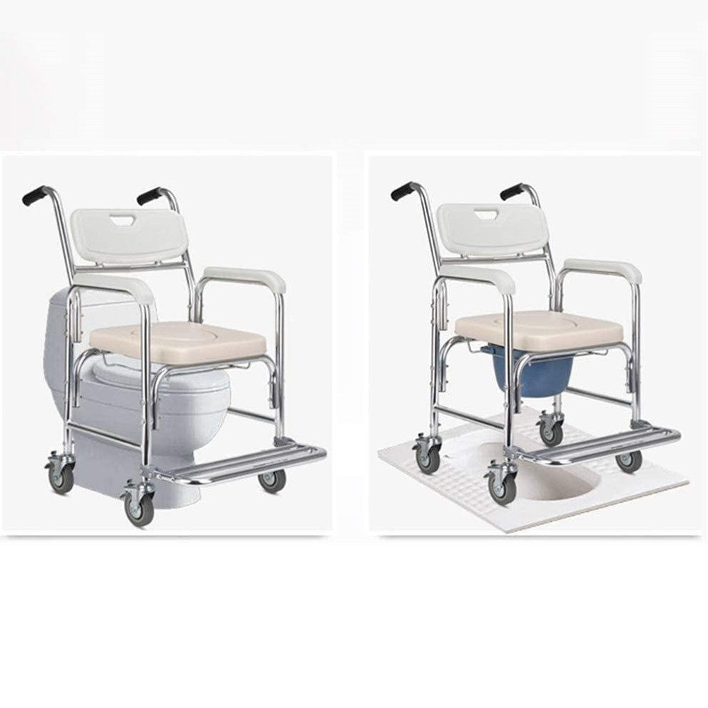 Mobility aid chair with wheels attached to a toilet on a white background