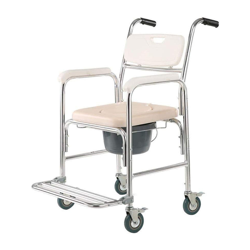 Bathroom commode chair with wheels on a white background