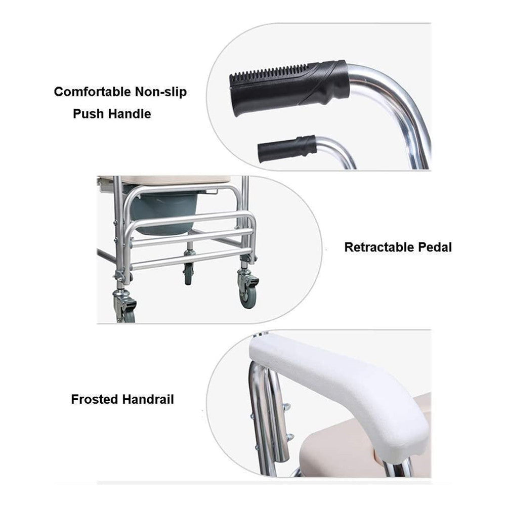 Detailed view of a walker with features labeled on a white background