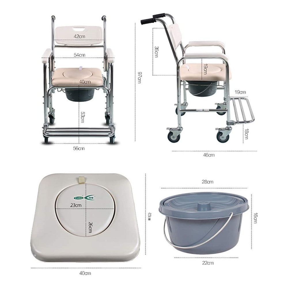 Measurement chart of a medical chair, bucket, and other related items on a white background