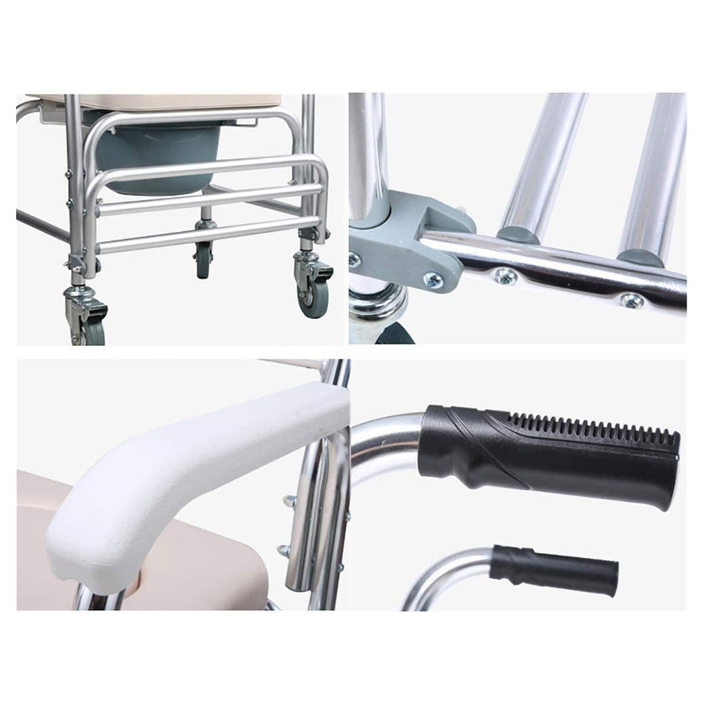 Collage of a wheelchair with close-up details on wheels, seat, and armrest.