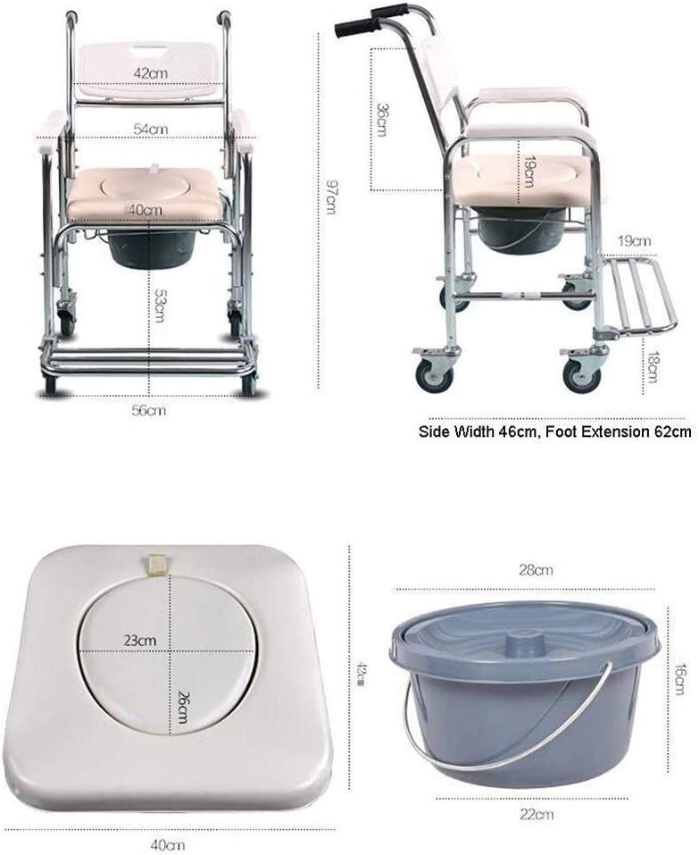 Measurement chart of a commode chair, bucket, and lid with dimensions labeled.