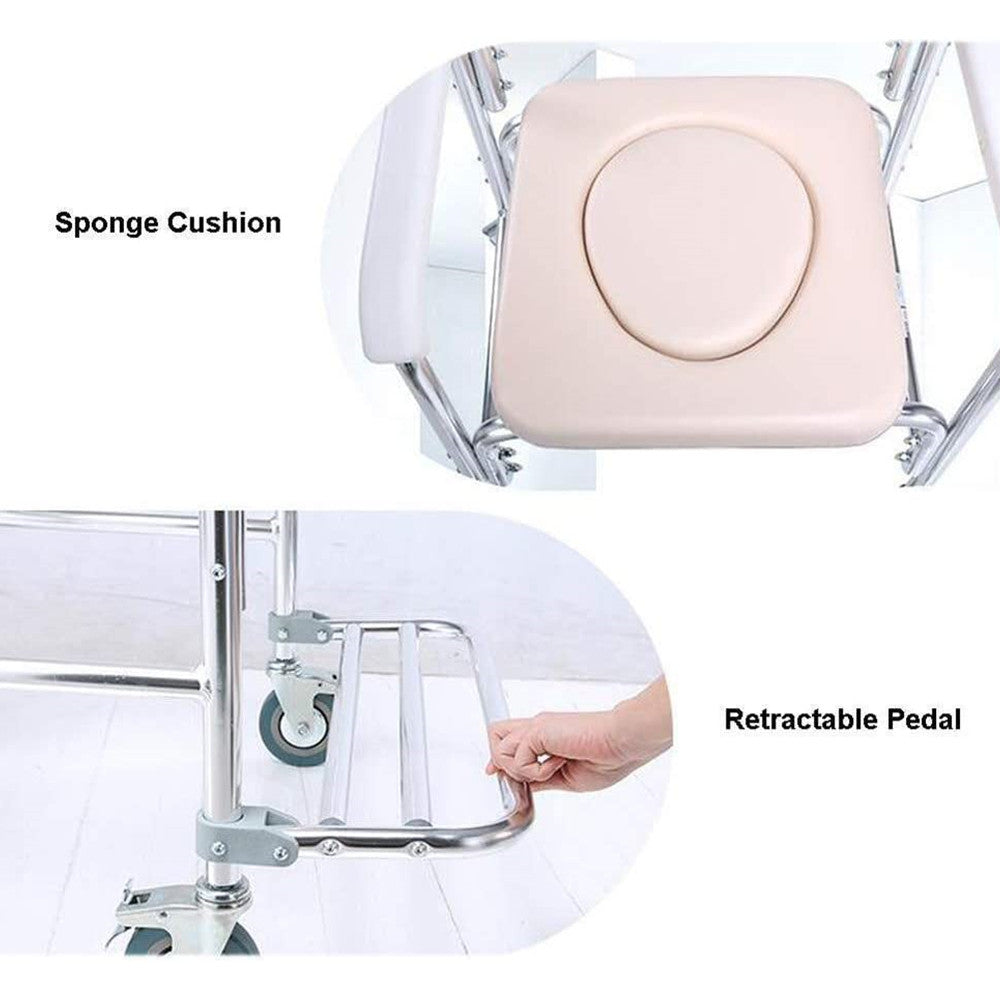 Sponge cushion and retractable pedal on a clear chair with text labels.