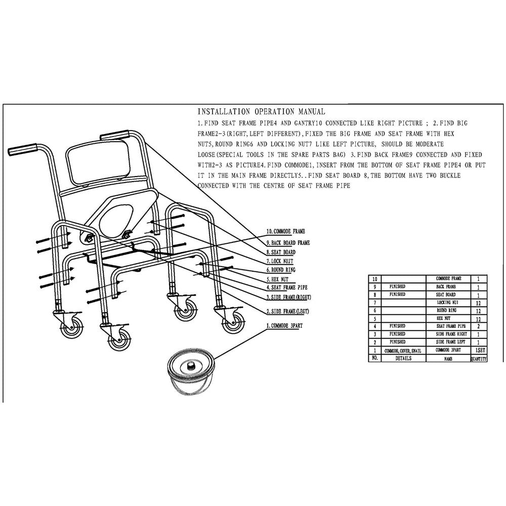 Technical diagram of a wheelchair with installation instructions on a white background