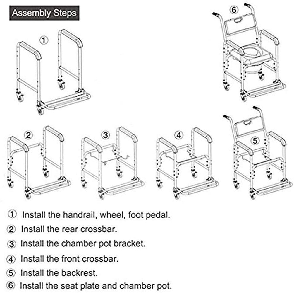 Step-by-step assembly diagram for a chair with chamber pot attachment.