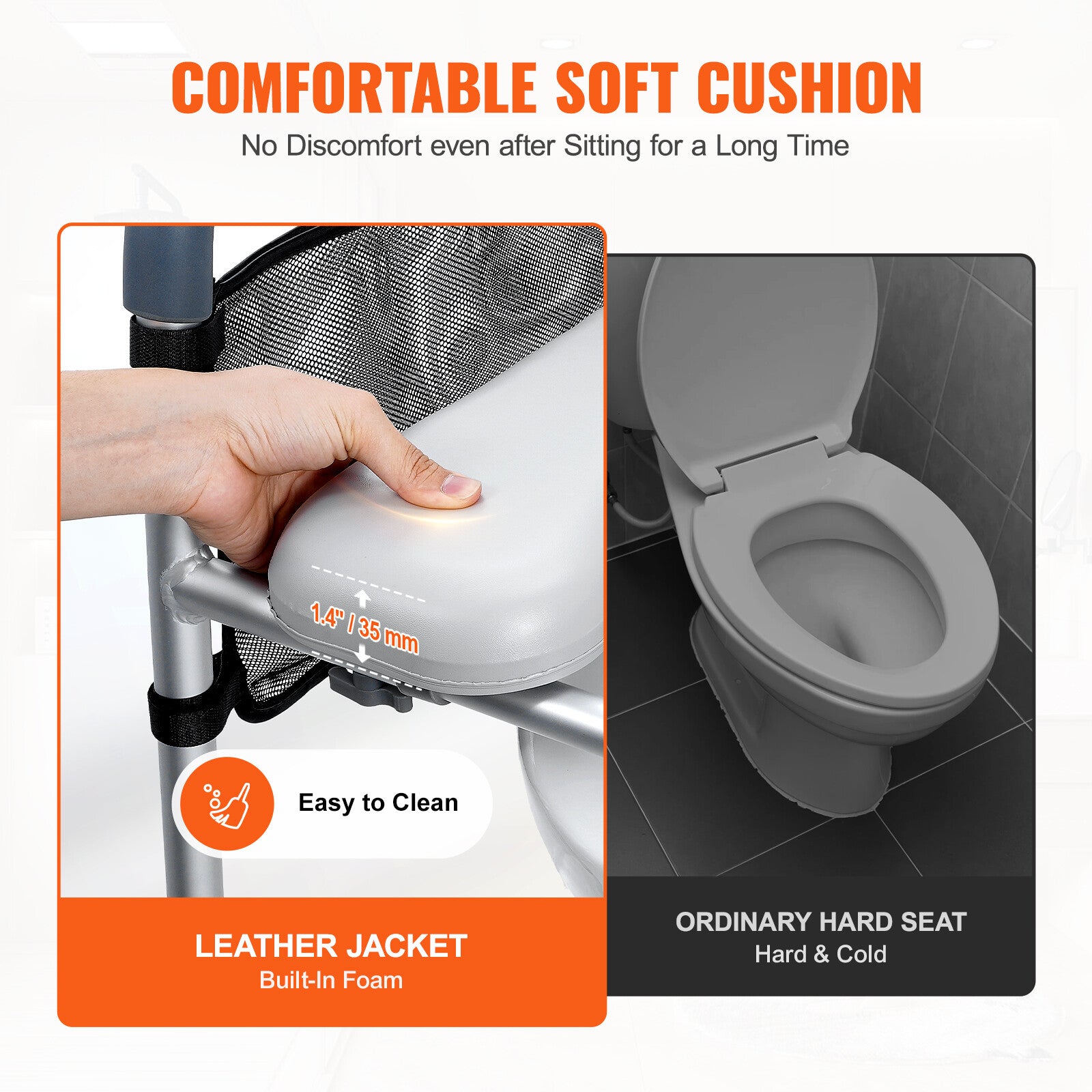 Product advertisement for a soft cushioned toilet seat with text highlighting its comfort and ease of cleaning.