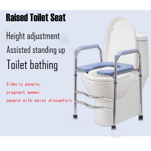 Raised toilet seat with height adjustment and assistive features for elderly and pregnant individuals on a light blue background.