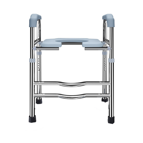 Portable commode chair with metal frame and blue seat on a white background