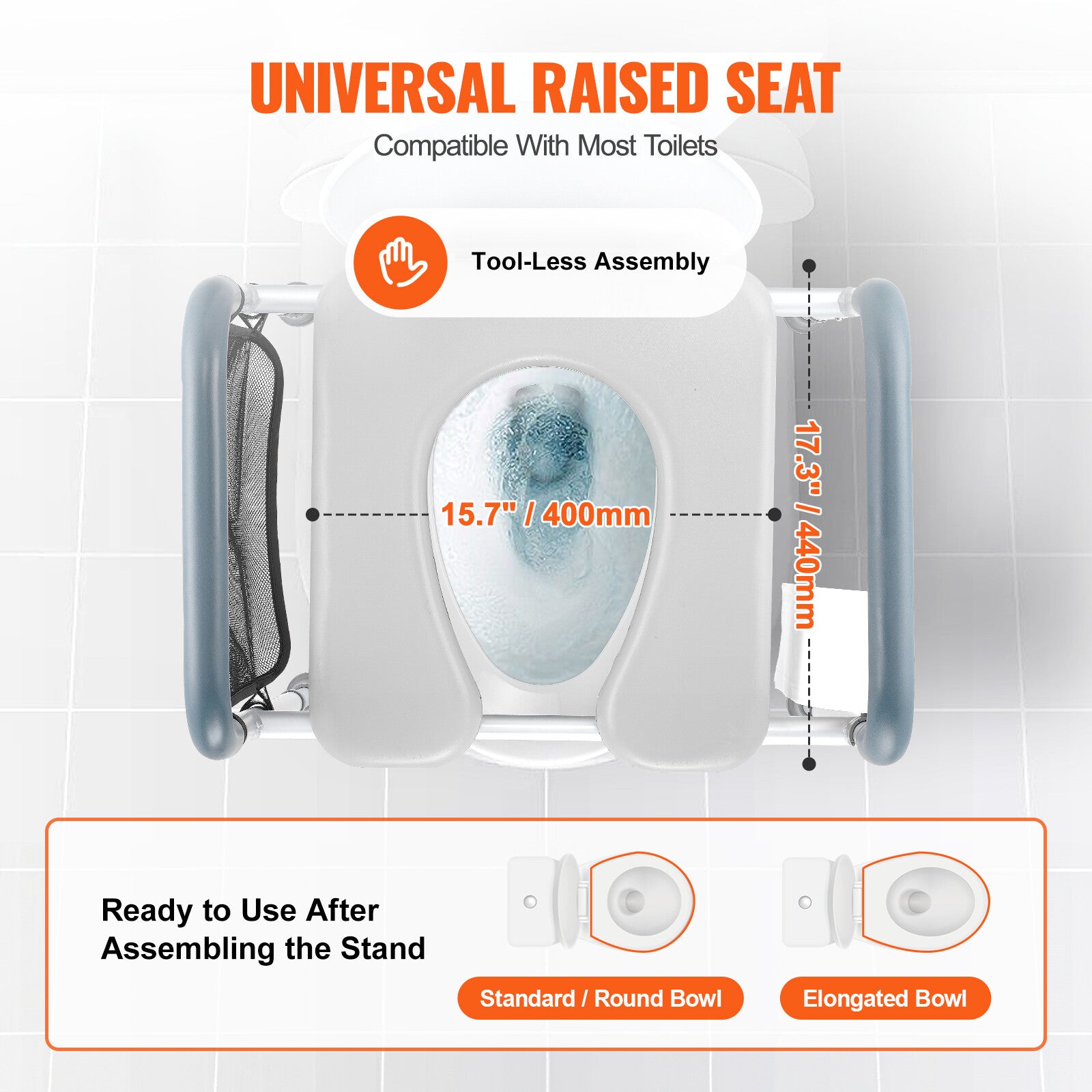 Universal raised toilet seat with measurements and compatibility information on a white background