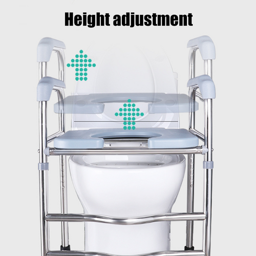 Portable toilet seat with height adjustment feature on a white background