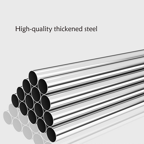 Stack of high-quality thickened steel pipes on a light gray background with text.