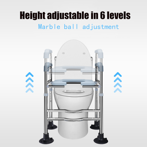 Height-adjustable commode chair with marble ball adjustment feature on a white background