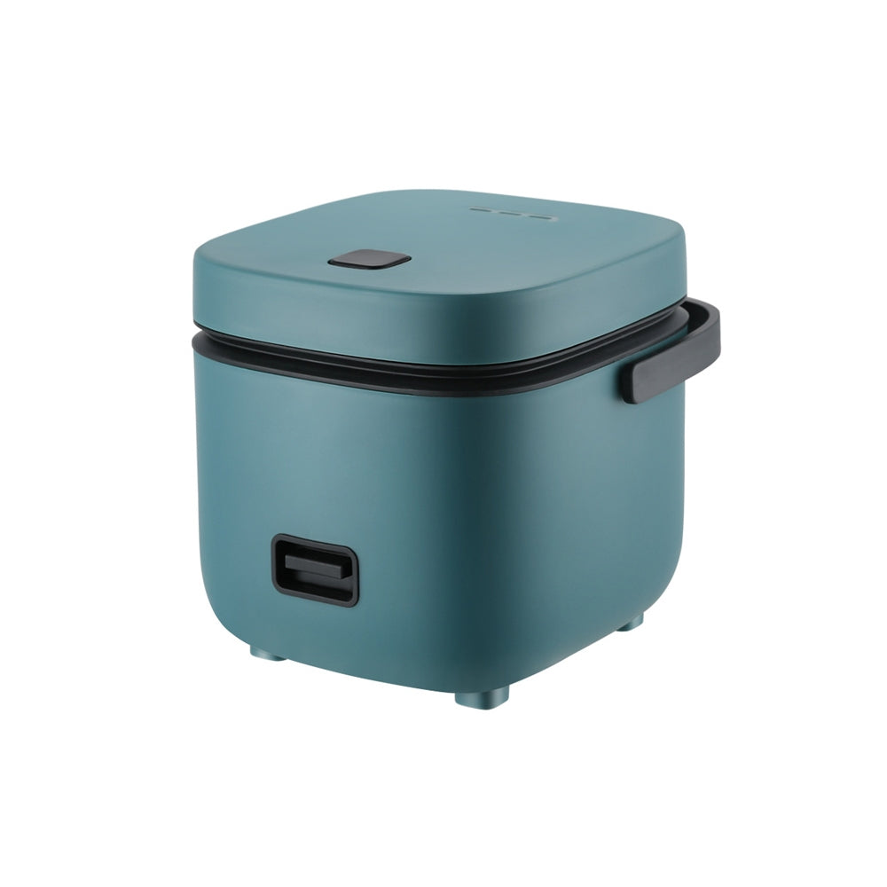 Teal-colored rice cooker on a white background