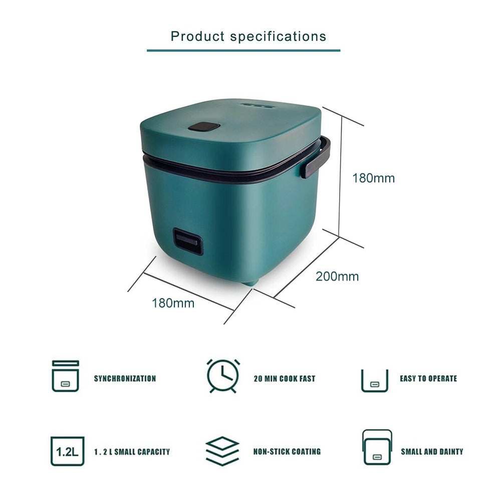 Teal rice cooker with dimensions and features listed on a white background