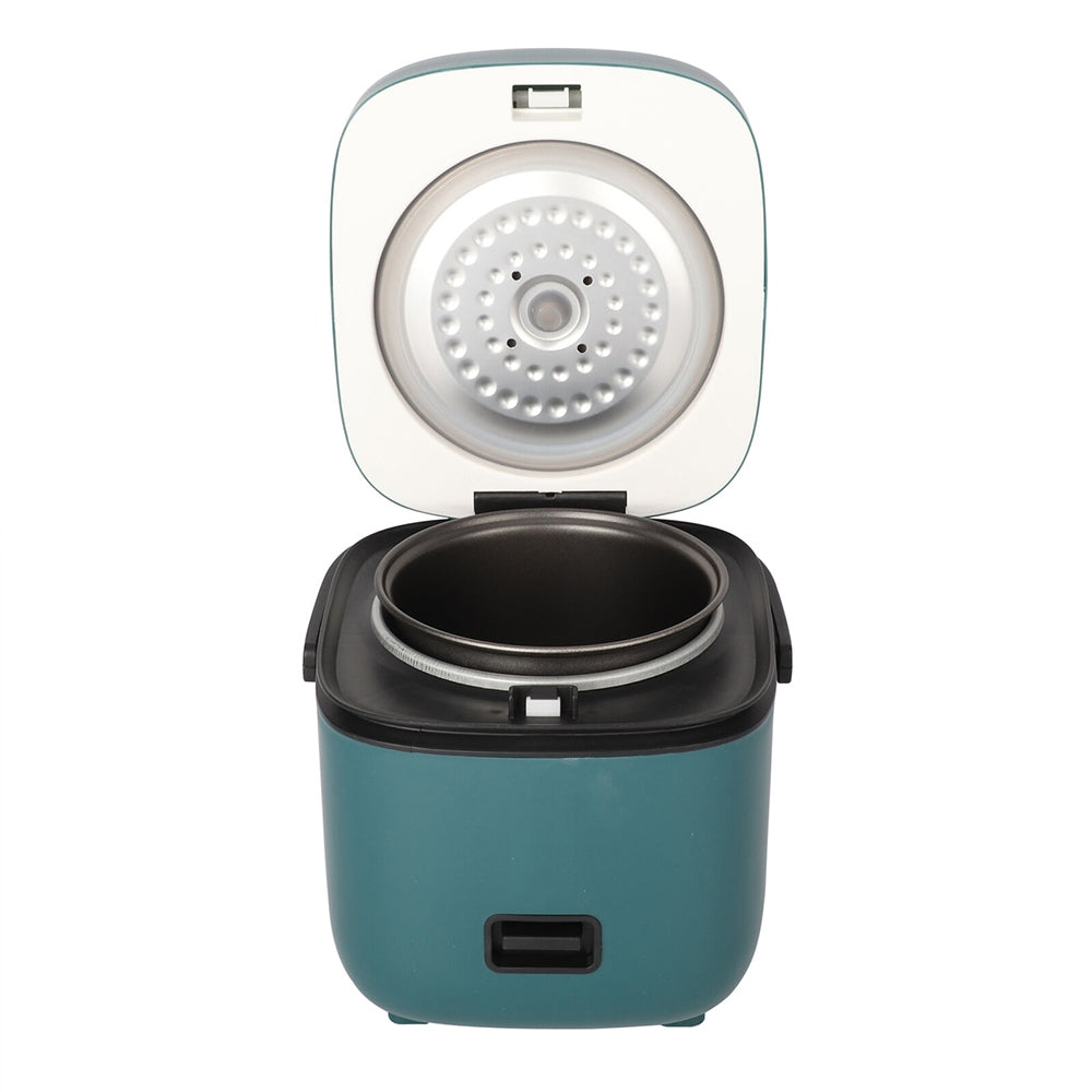 Teal rice cooker with open lid on a white background
