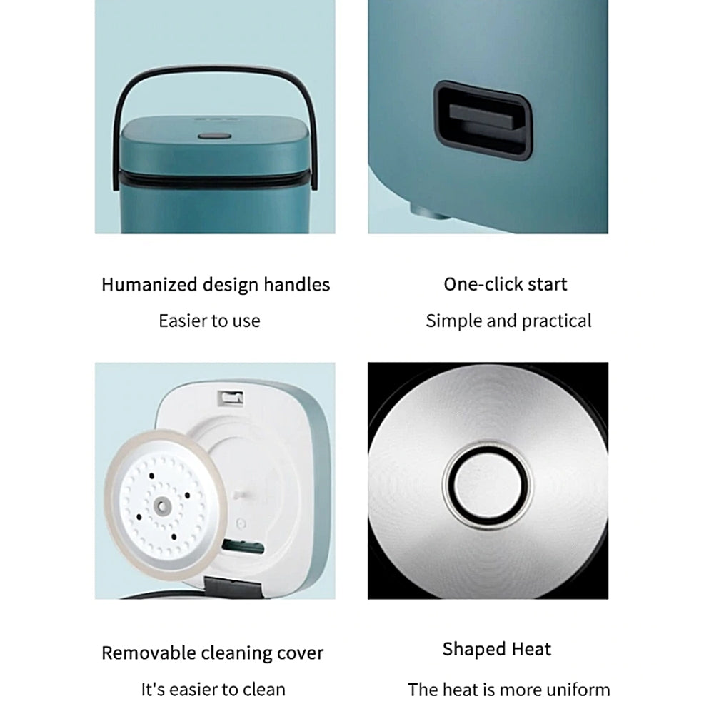 Product features with text labels on a light blue background