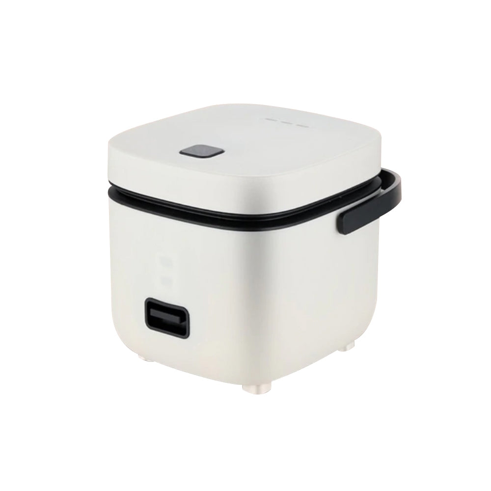 White rice cooker with black accents on a white background