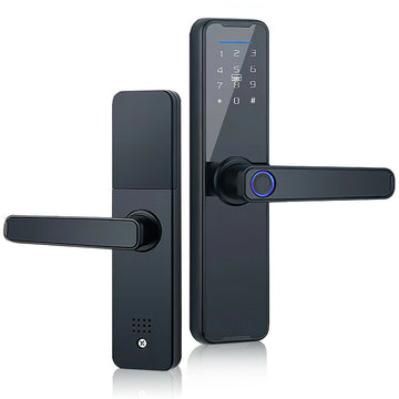 Black electronic door lock with digital display on a white background