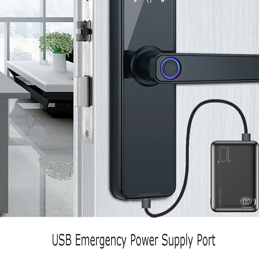 Smart door lock with USB emergency power supply port attached to a door, with a room in the background.