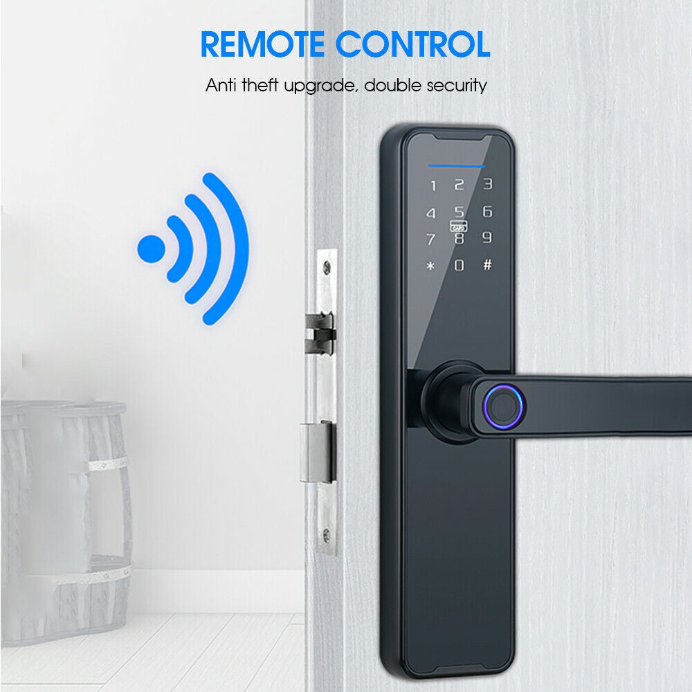 Digital door lock with remote control feature on a white door