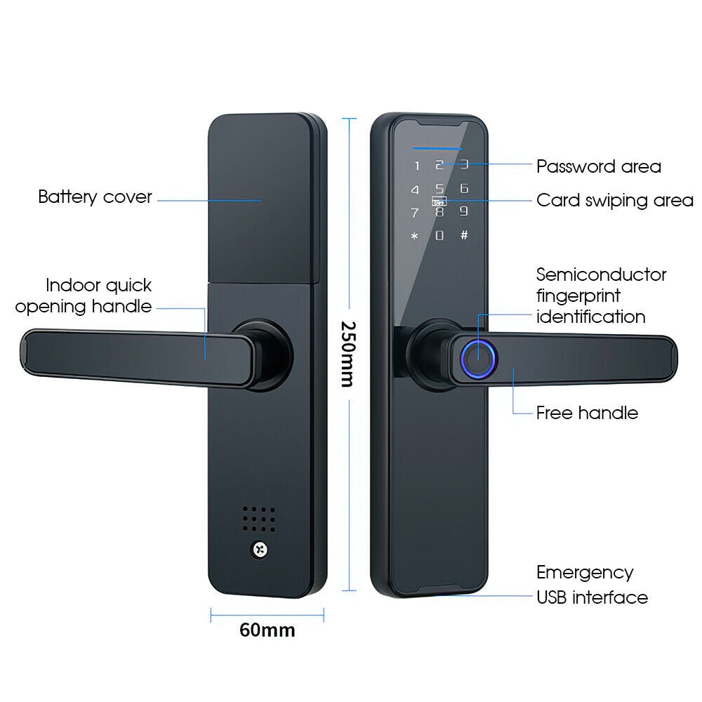 Smart door lock with labeled parts and dimensions on a white background