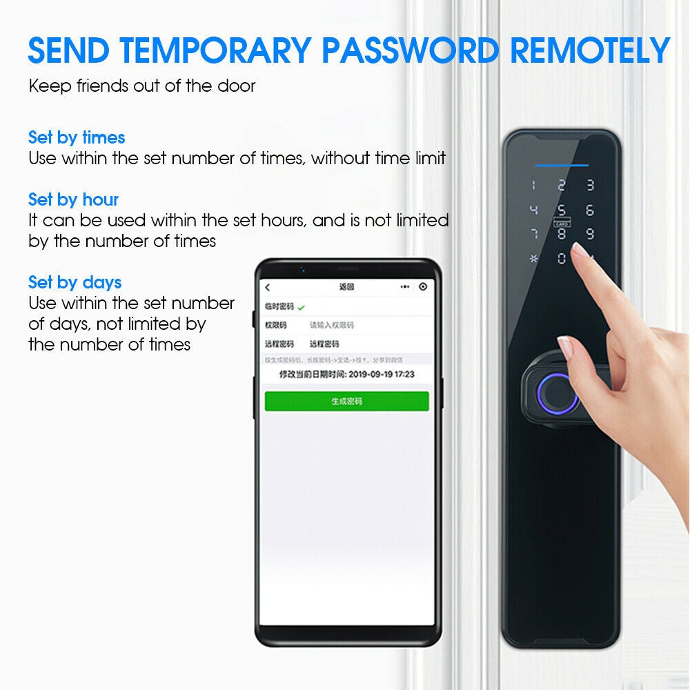 Smart door lock with smartphone app interface and text explaining temporary password remote sending feature.