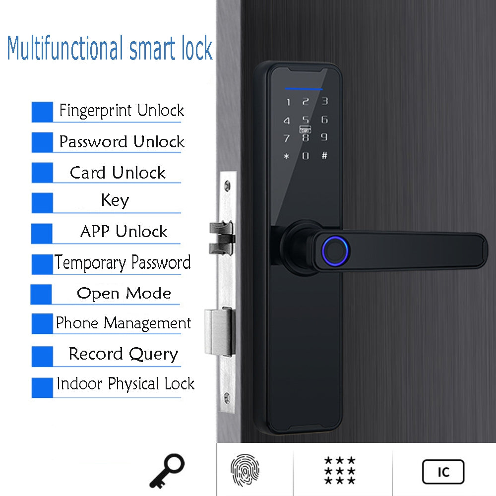 Multifunctional smart lock with digital keypad on a door, featuring unlock methods.
